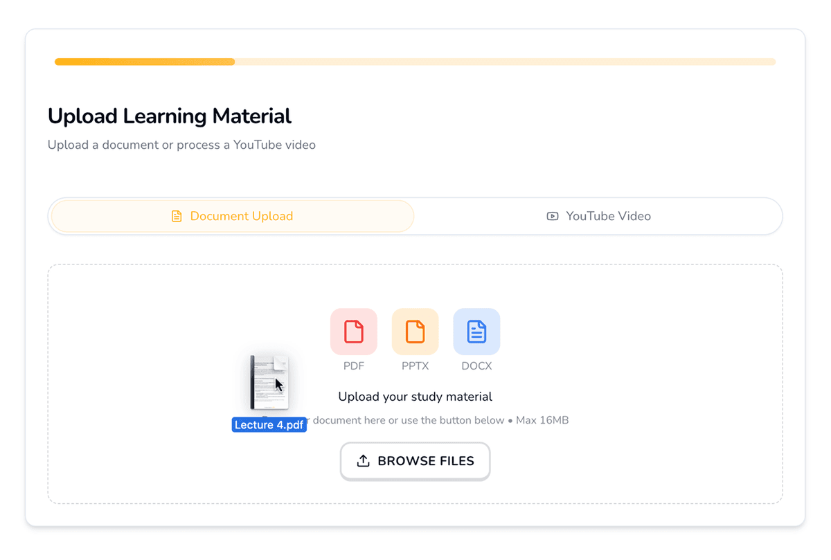 PDF-Upload-Oberfläche für KI Quiz Generator