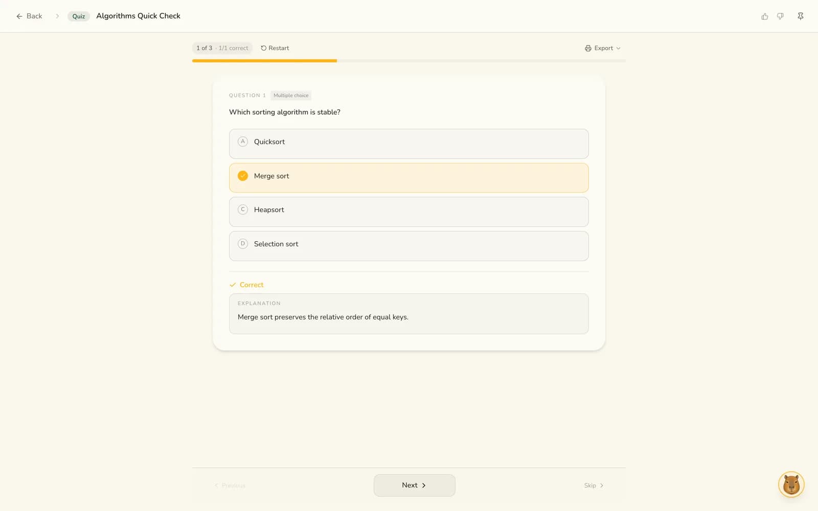 A quiz question answered correctly, with the explanation and source shown