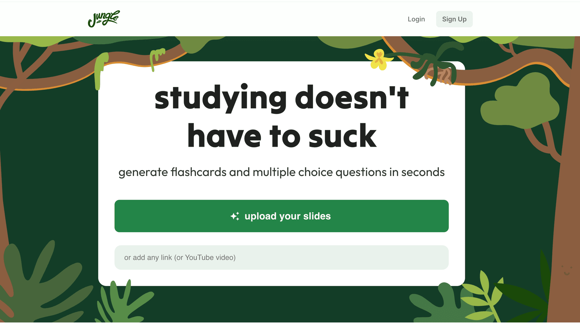 Página de inicio de Jungle mostrando plataforma de estudio IA