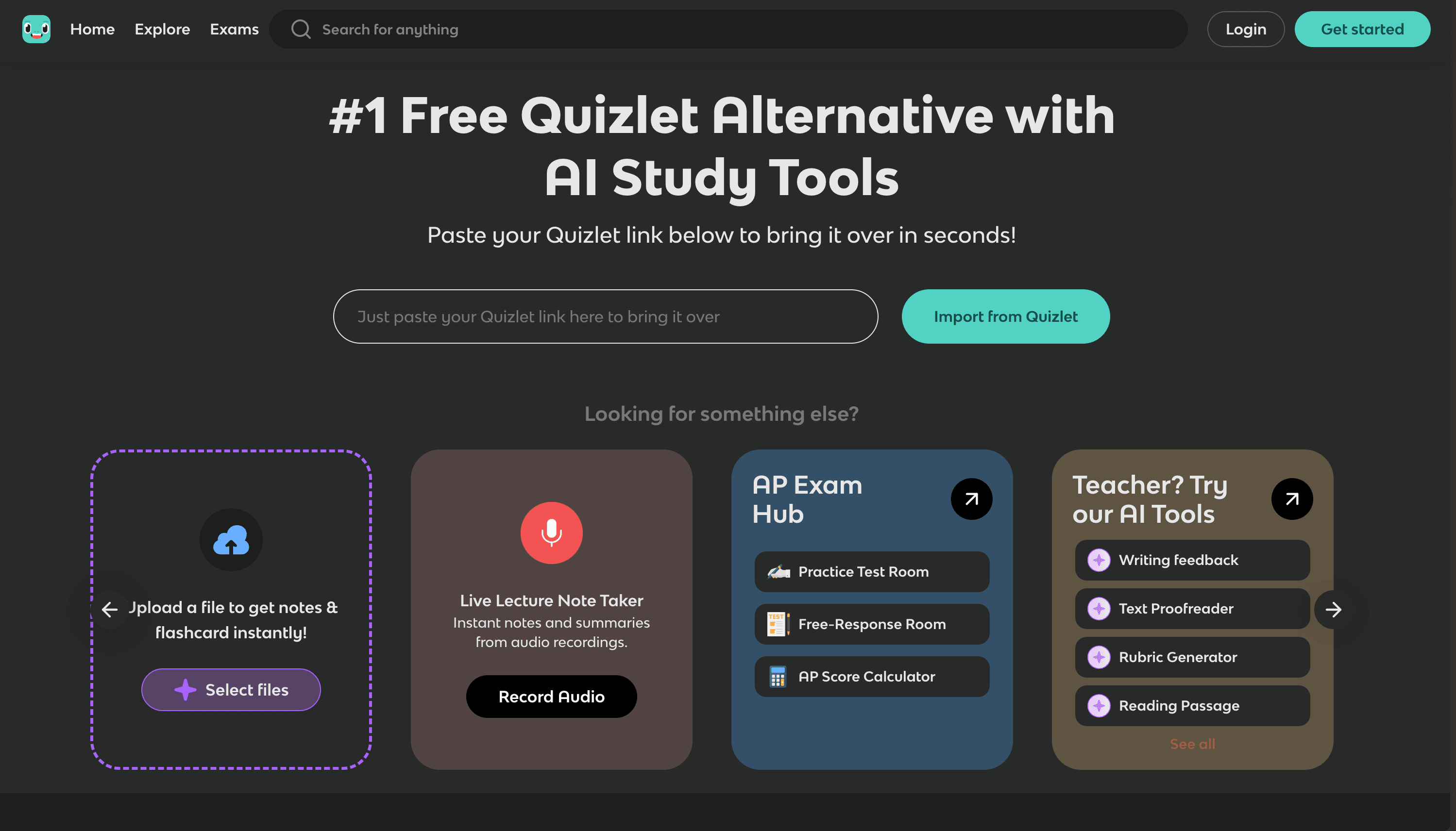 Knowt homepage showing flashcard study platform
