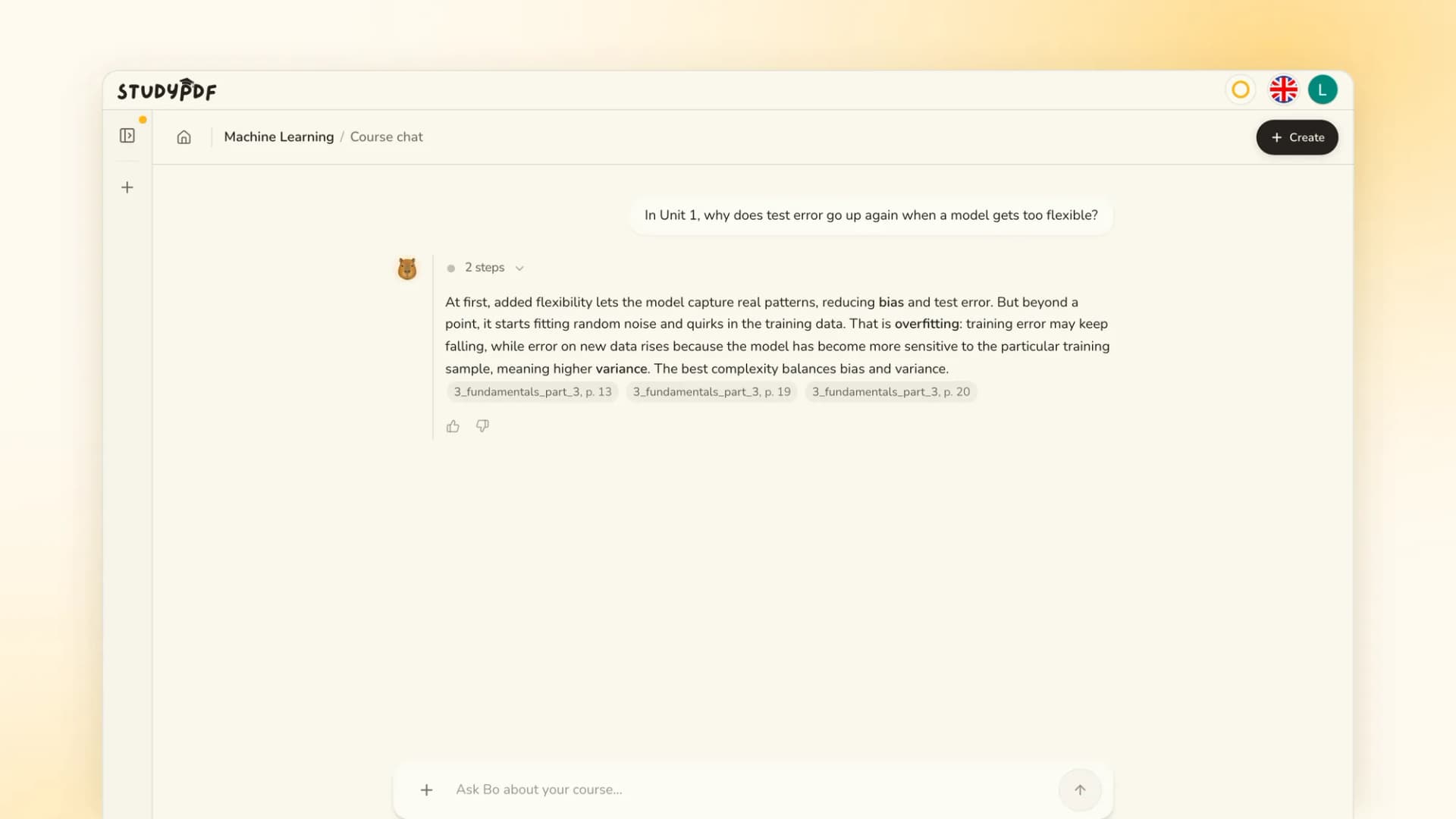 StudyPDF-Chat, in dem Bo eine Frage zum Thema Überanpassung beantwortet und die Seiten der Kursmaterialien nennt
