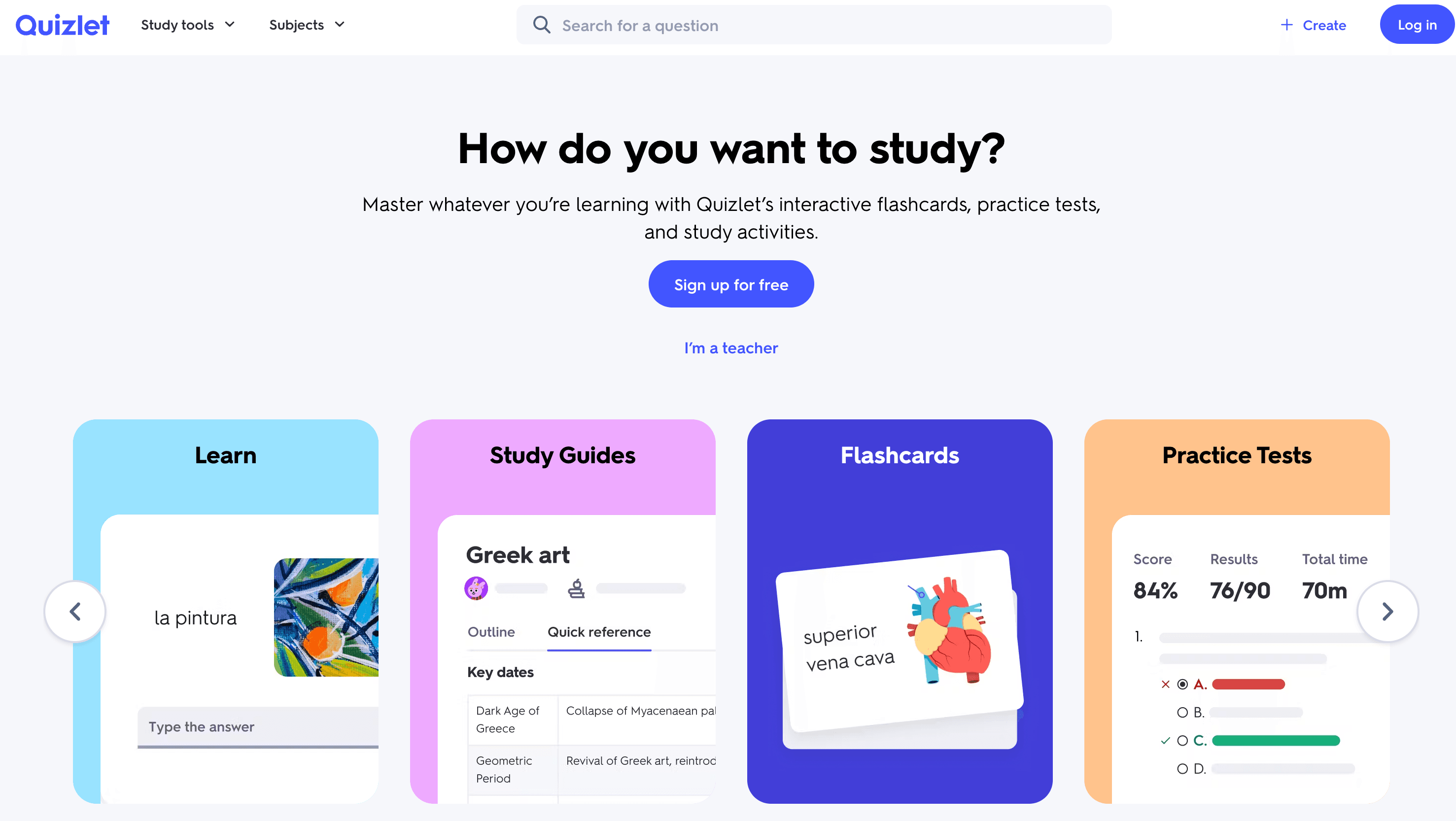 Quizlet homepage showing flashcard study platform