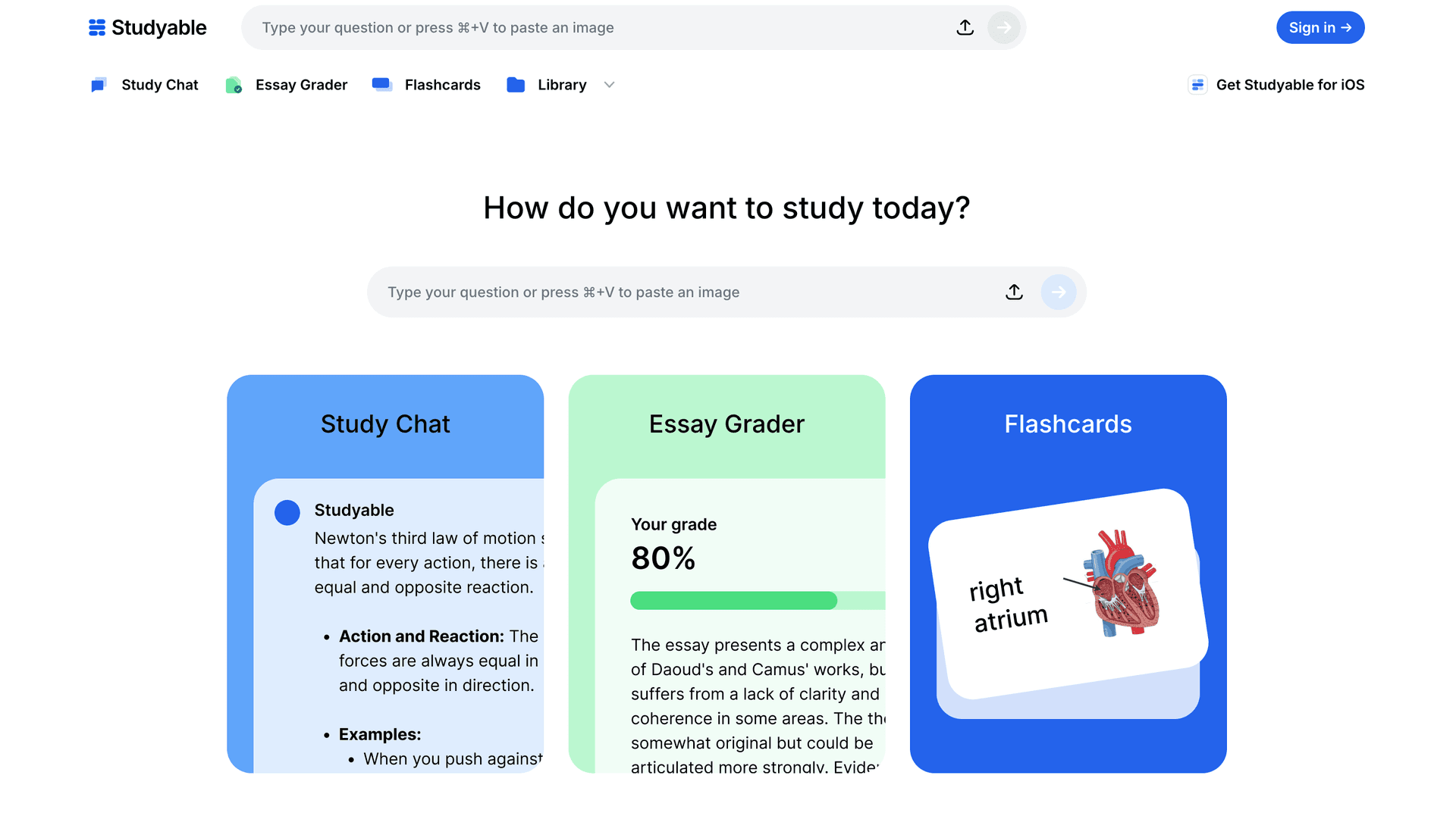 Studyable homepage showing AI homework help platform
