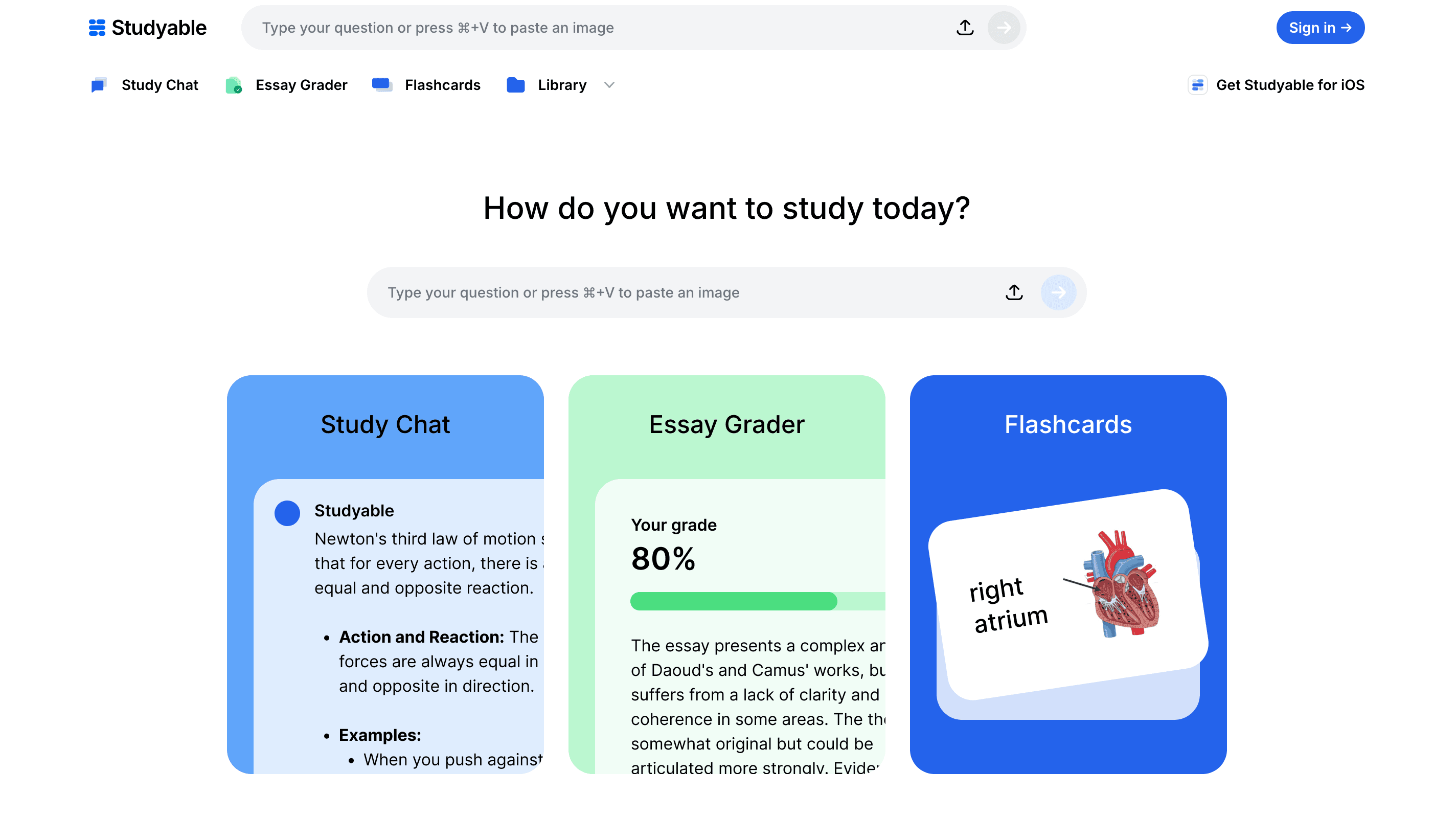 Studyable homepage showing AI homework help platform