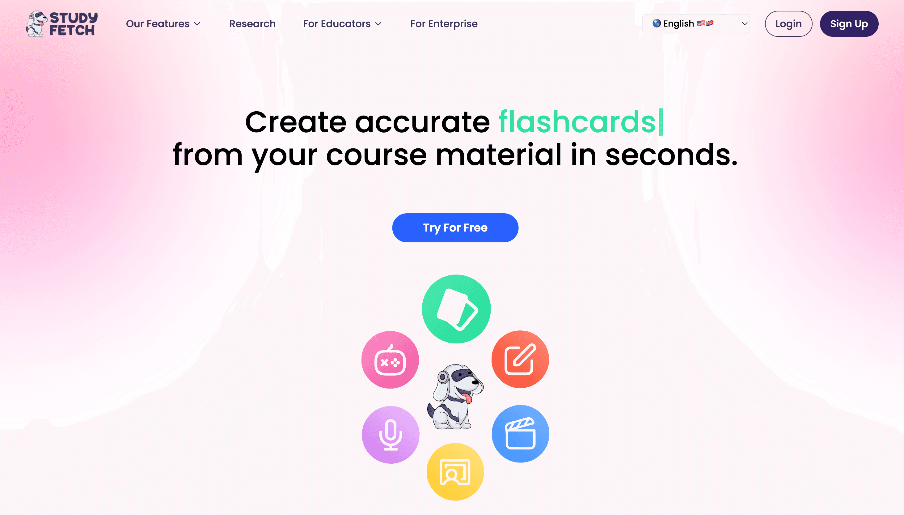 StudyFetch homepage showing mobile study platform
