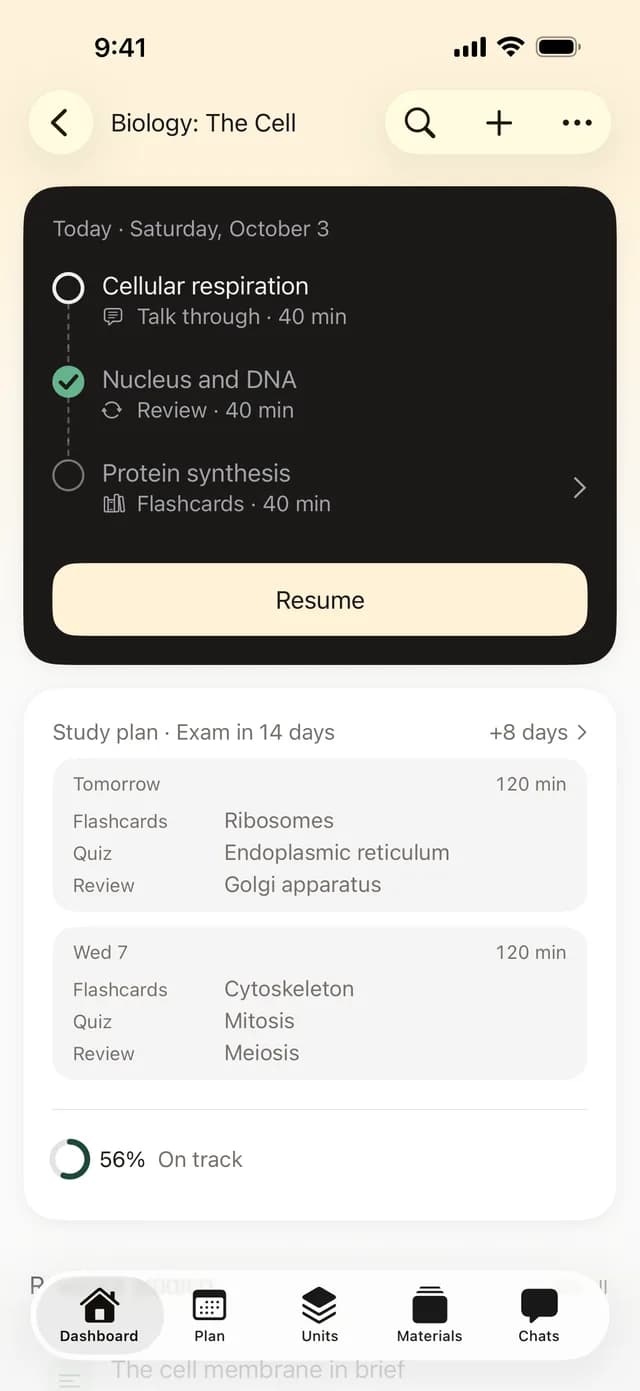 StudyPDF iOS app course home with today's plan and study progress