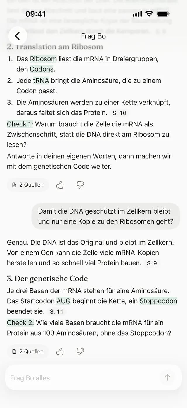 StudyPDF iOS App Tutor-Chat, der eine Frage mit Quellen beantwortet