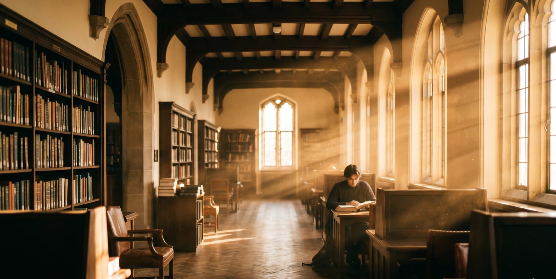 Student studying in a sunlit library