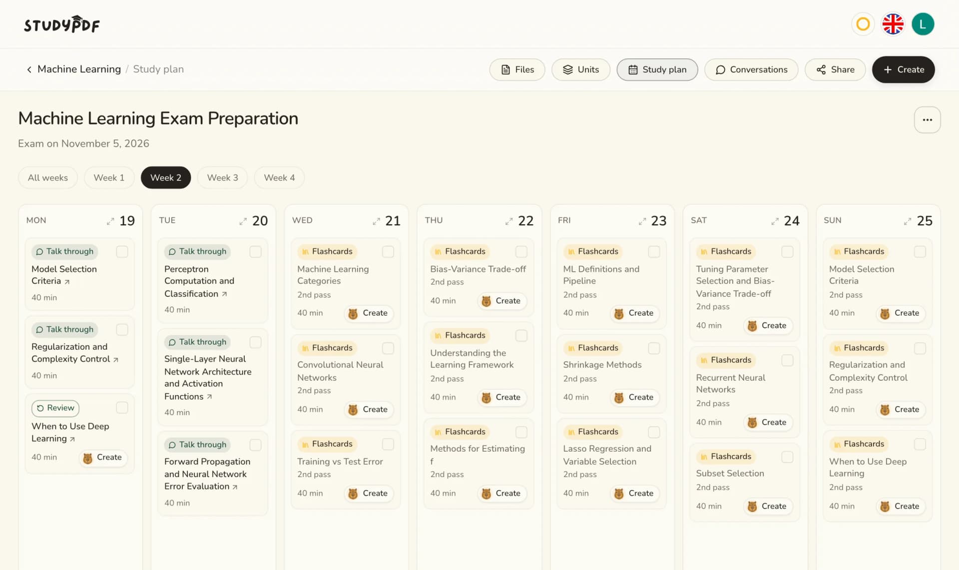 A StudyPDF study plan, one week of sessions with a topic and an activity for every day
