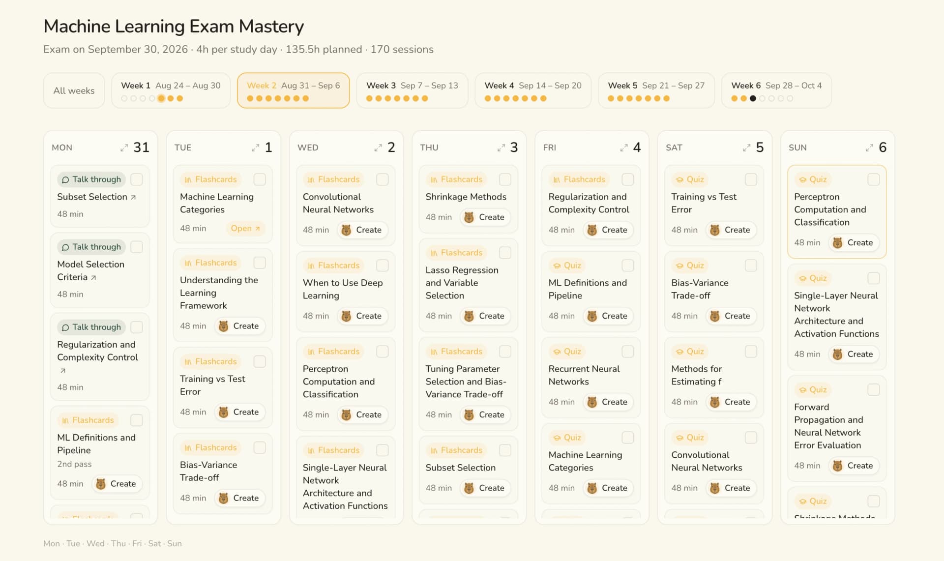 A StudyPDF study plan, one week of sessions with a topic and an activity for every day